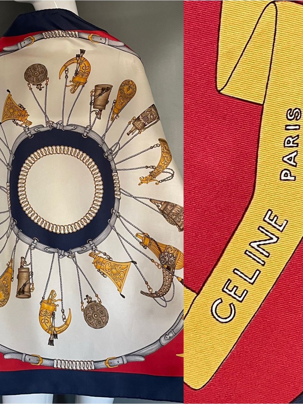 Gorg Celine Silk Scarf Red Gold Blue Large 34 In Excellent Condition